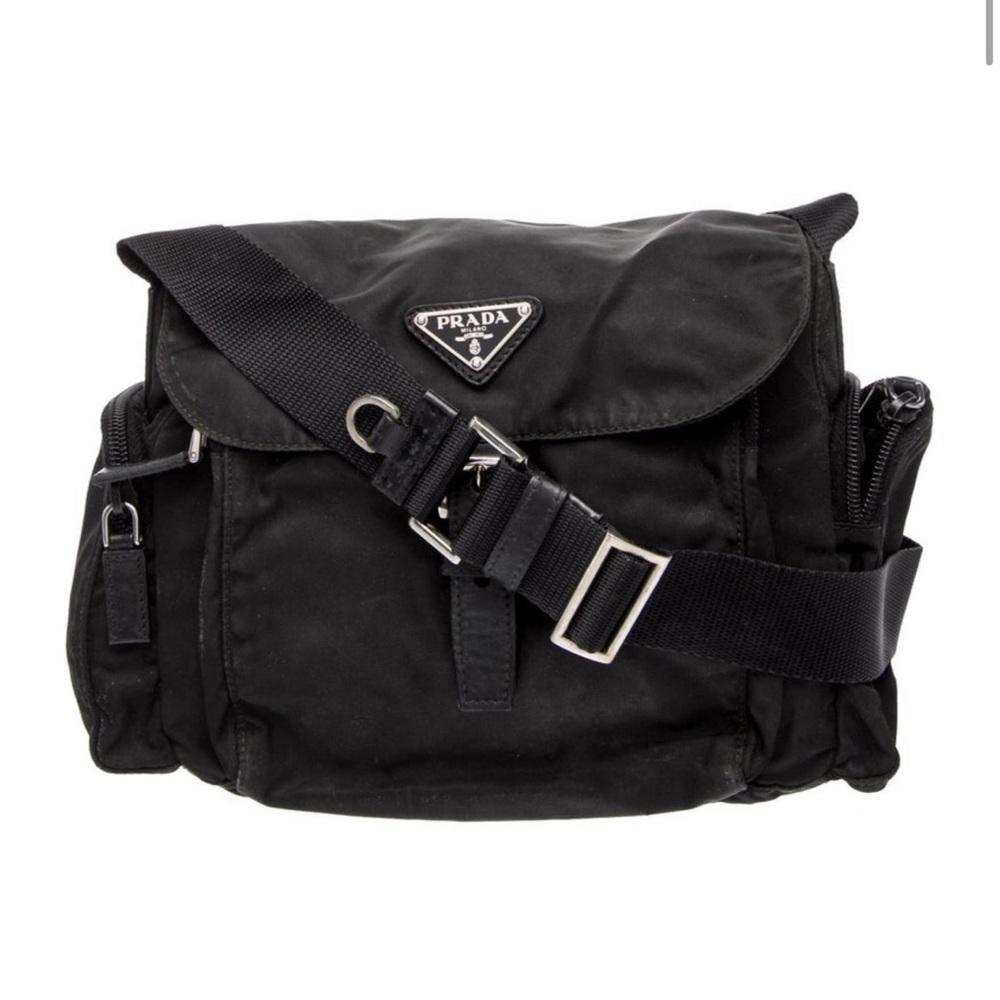 PRADA -Authentic Vela Nylon Messenger Bag in Black with Silver Hardware